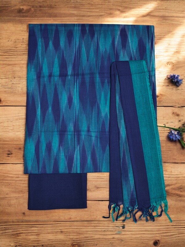 Light Blue Ikkat Cotton Unstitched Salwar Suit Dress Material with Dupatta
