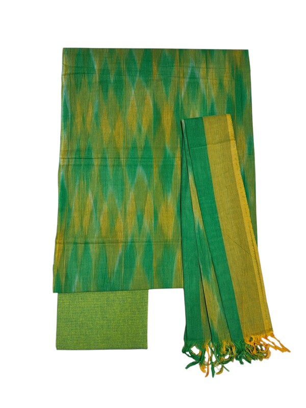 Olive Green Pochampally Ikkat Cotton Unstitched Salwar Suit Dress Material with Dupatta