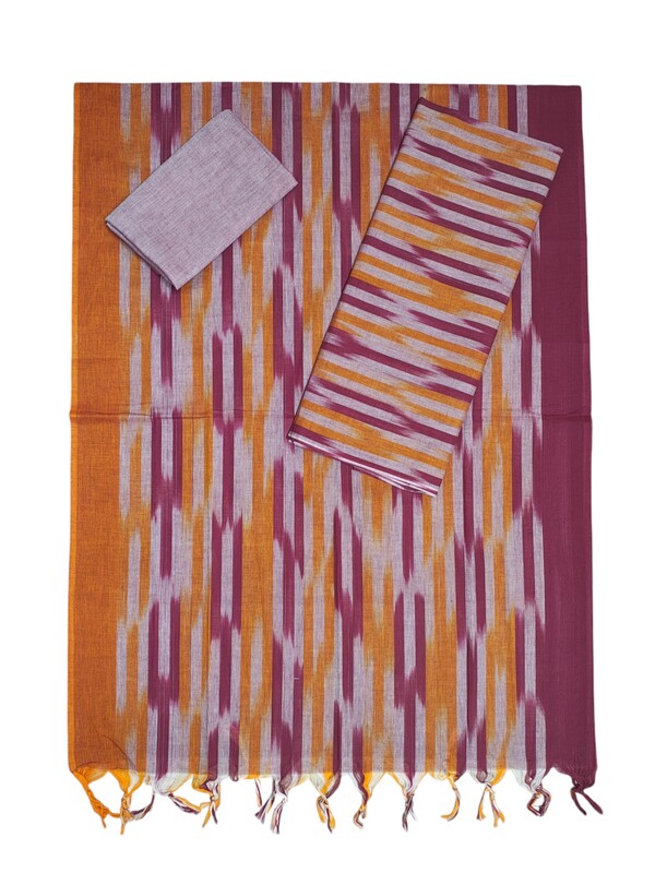 Maroon & Orange Pochampally Ikkat Cotton Unstitched Salwar Suit Set with Dupatta
