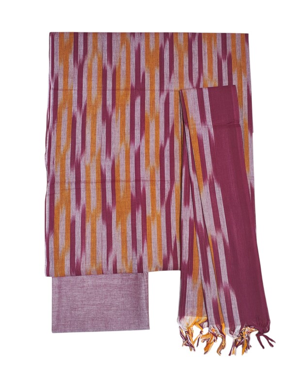 Maroon & Orange Pochampally Ikkat Cotton Unstitched Salwar Suit Set with Dupatta
