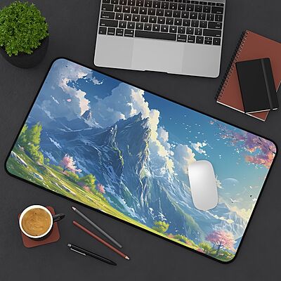 Sublimation Printed Lofi Anime Desk Mat | Cute Mountains and Trees Landscape 300x600x3mm Sublimation Printed Lofi Anime Desk Mat | Cute Mountains and Trees Landscape 300x600x3mm