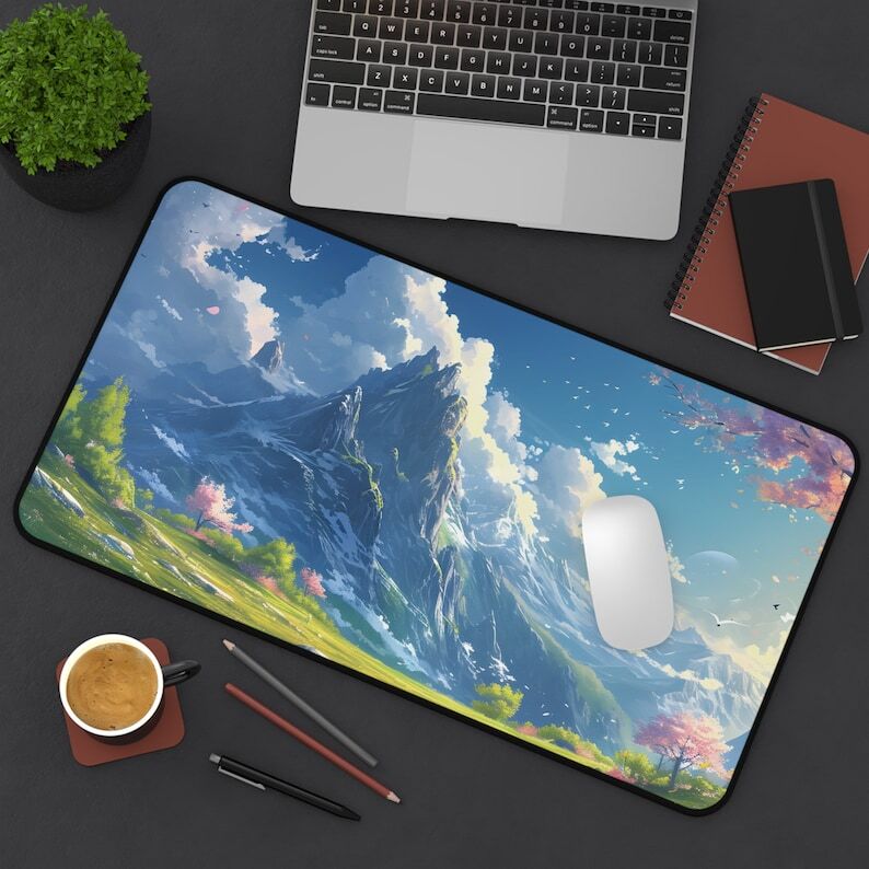 Sublimation Printed Lofi Anime Desk Mat | Cute Mountains and Trees Landscape 300x600x3mm Sublimation Printed Lofi Anime Desk Mat | Cute Mountains and Trees Landscape 300x600x3mm