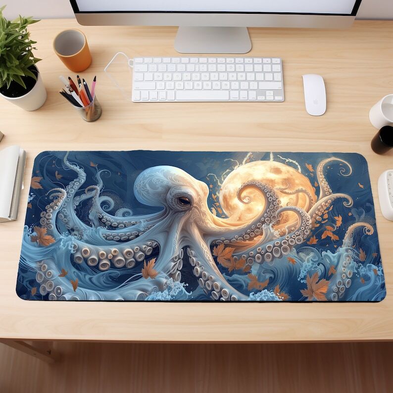 Sublimation Printed White Octopus Desk Mat, Octopi Moon Mouse Pad Size(800mmx300mmx3mm) Sublimation Printed White Octopus Desk Mat, Octopi Moon Mouse Pad Size(800mmx300mmx3mm)
