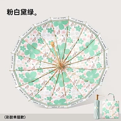 New arrival ancient style painting  16 ribs sunshade color coating uv protection three fold portable lade gift rainproof sun umbrella wooden handle