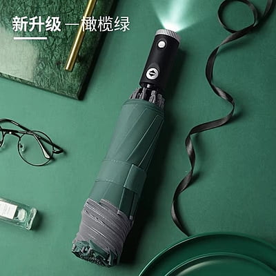 Fully Automatic Open Rotatable Led Light 3 Fold Car Reverse Umbrella Upward Car Umbrellas With Night Safety Reflective Strip