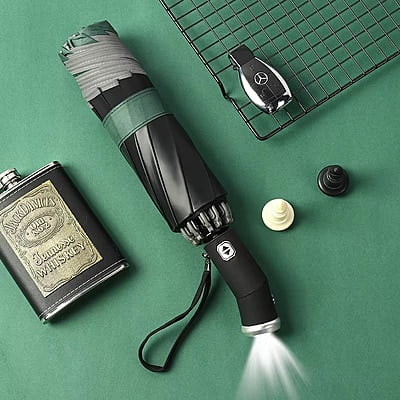 Fully Automatic Open Rotatable Led Light 3 Fold Car Reverse Umbrella Upward Car Umbrellas With Night Safety Reflective Strip