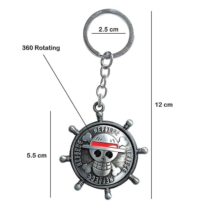 Anime Luffy One Piece Ship Wheel Skull Rotating Revolving Metal Keychain Key Chain for Car Bikes Key Ring