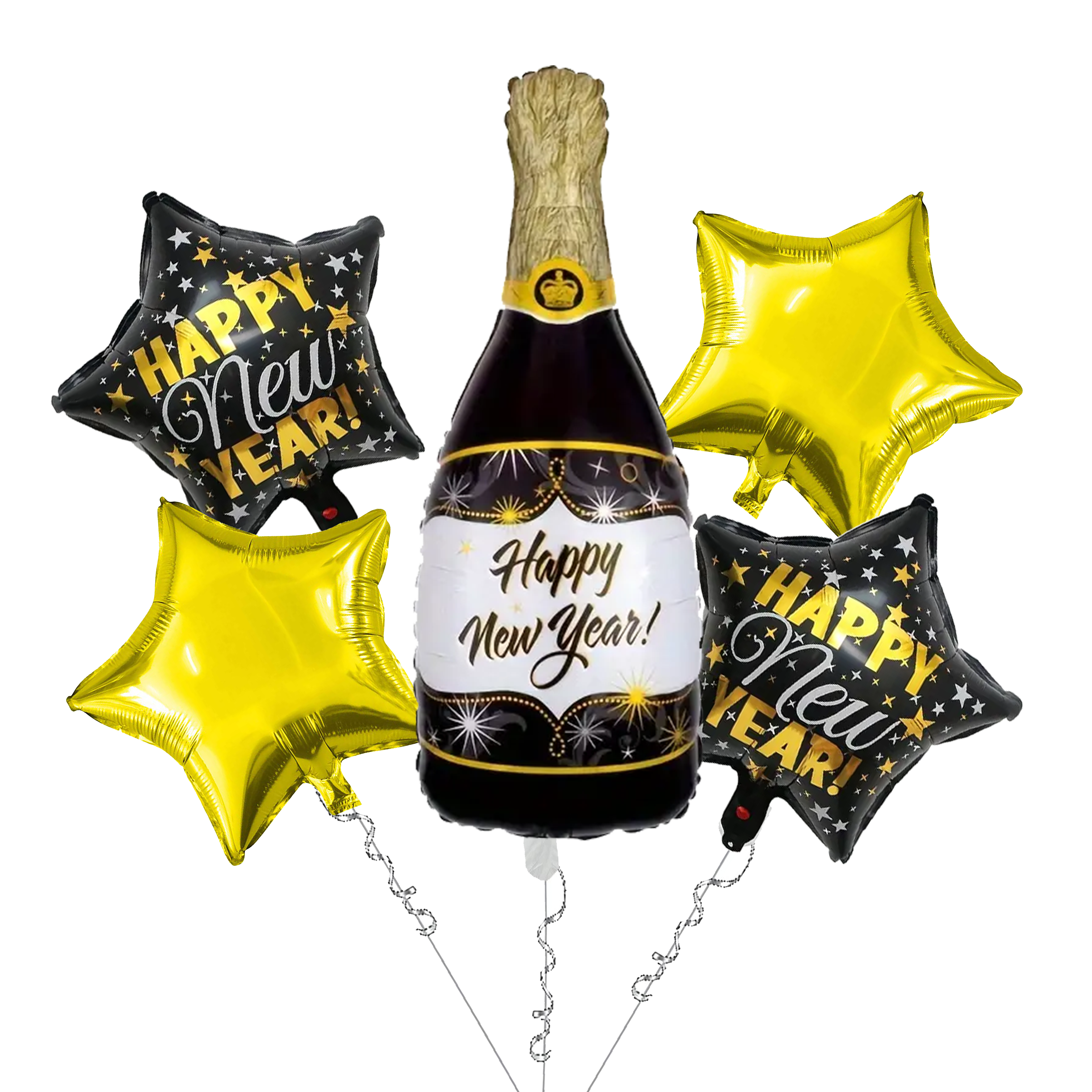 The Magic Balloons - New Year Theme Foil Balloons combo Kit For New Year Party Decoration Pack of 5pcs 2 Stars, 2 Circles And A Big Size Champion Bottle Foil Balloon For Home and Offices. The Magic Balloons - New Year Theme Foil Balloons combo Kit For New Year Party Decoration Pack of 5pcs 2 Stars, 2 Circles And A Big Size Champion Bottle Foil Balloon For Home and Offices.
