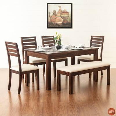 Solid Sheesham Wood Six Seater Dining Set with Cushioned Bench Solid Sheesham Wood Six Seater Dining Set with Cushioned Bench