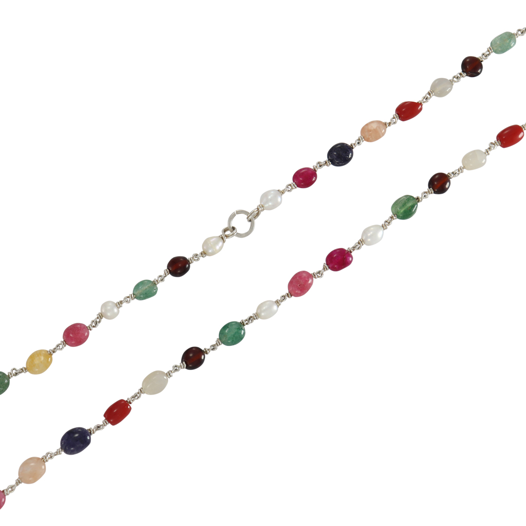 Sterling Silver Navarathna Mala – Traditional 9-Gemstone Necklace Sterling Silver Navarathna Mala – Traditional 9-Gemstone Necklace