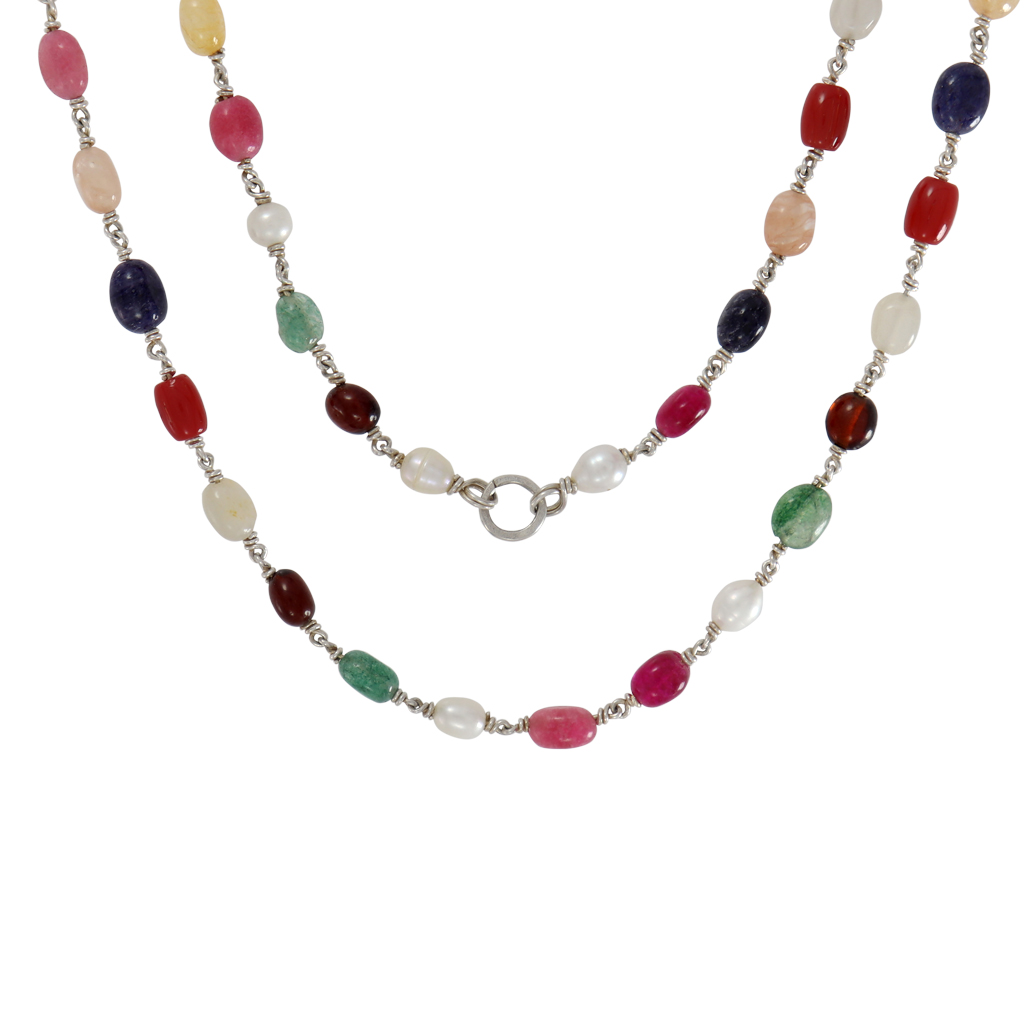 Sterling Silver Navarathna Mala – Traditional 9-Gemstone Necklace Sterling Silver Navarathna Mala – Traditional 9-Gemstone Necklace