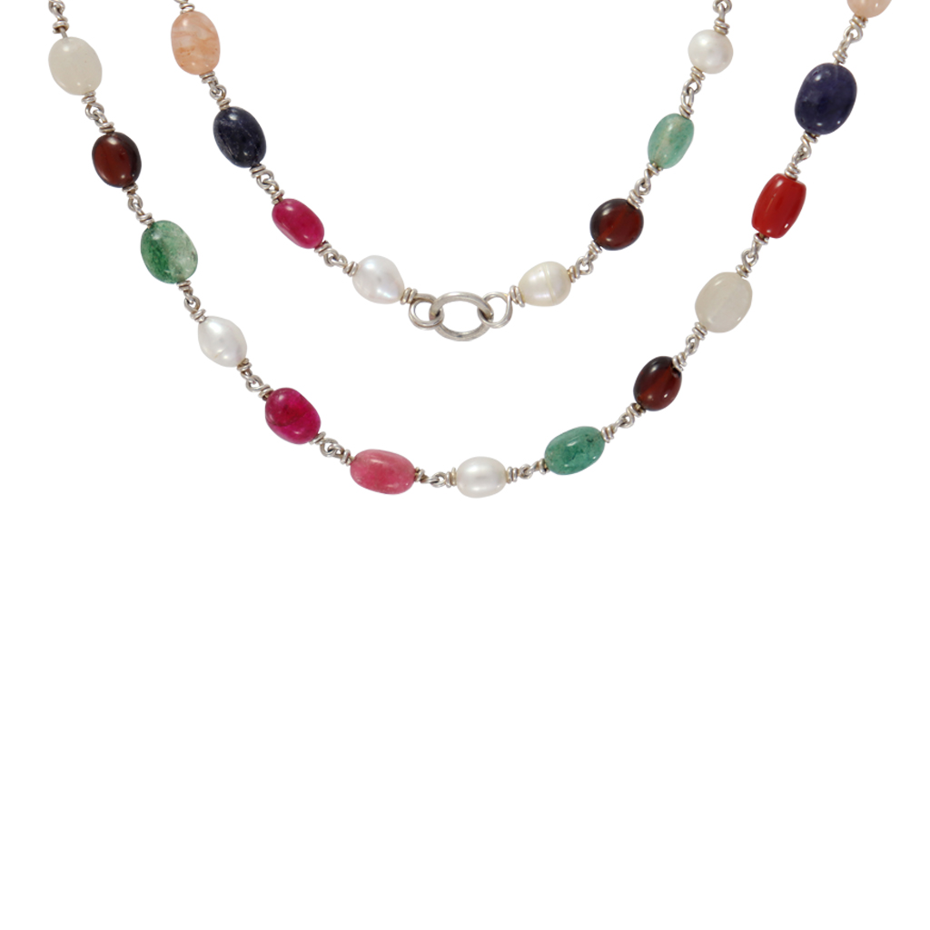 Sterling Silver Navarathna Mala – Traditional 9-Gemstone Necklace Sterling Silver Navarathna Mala – Traditional 9-Gemstone Necklace