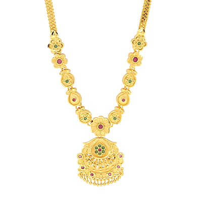 Gold tone green and red  flower necklace