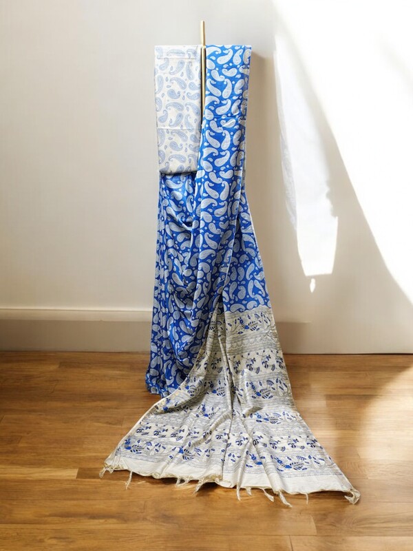 Blue Kalamkari Cotton Silk Saree with Unstitched Blouse