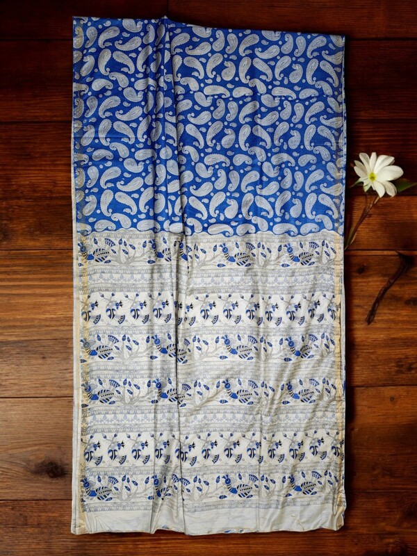 Blue Kalamkari Cotton Silk Saree with Unstitched Blouse