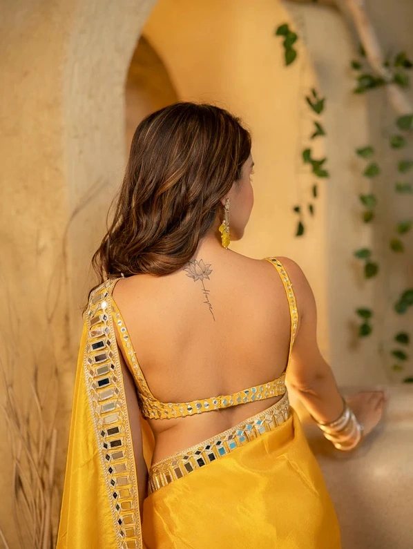 Buttery Yellow Designer Mirror Work Pure Tissue Silk Saree