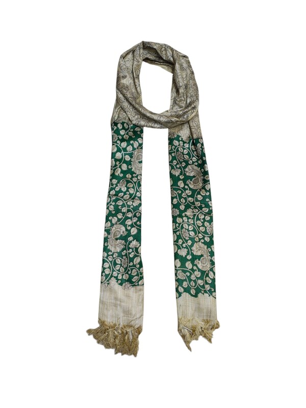 Madhubani Print Green Cotton Silk Dupatta for Women