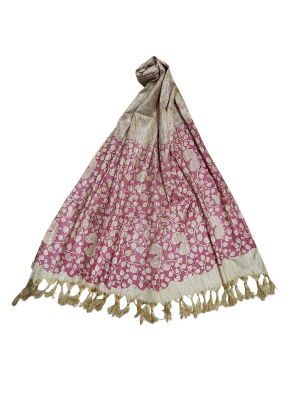 Pink & Golden Madhubani Print Cotton Silk Dupatta for Women