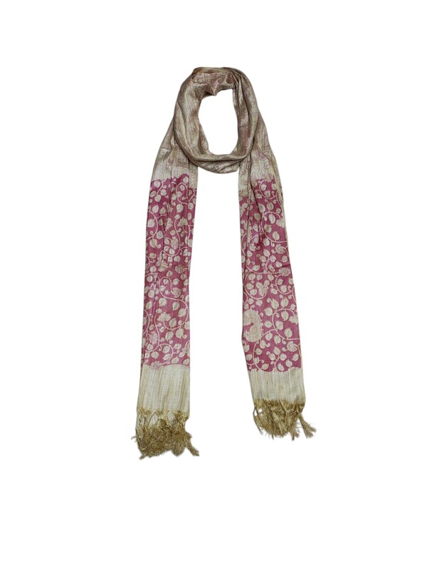 Pink & Golden Madhubani Print Cotton Silk Dupatta for Women