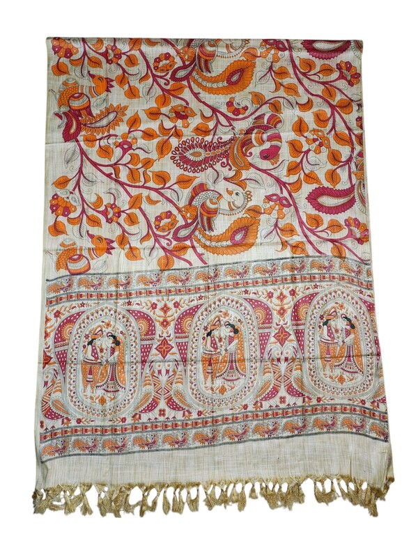 Kalamkari Print Red & Orange Cotton Silk Dupatta for Women