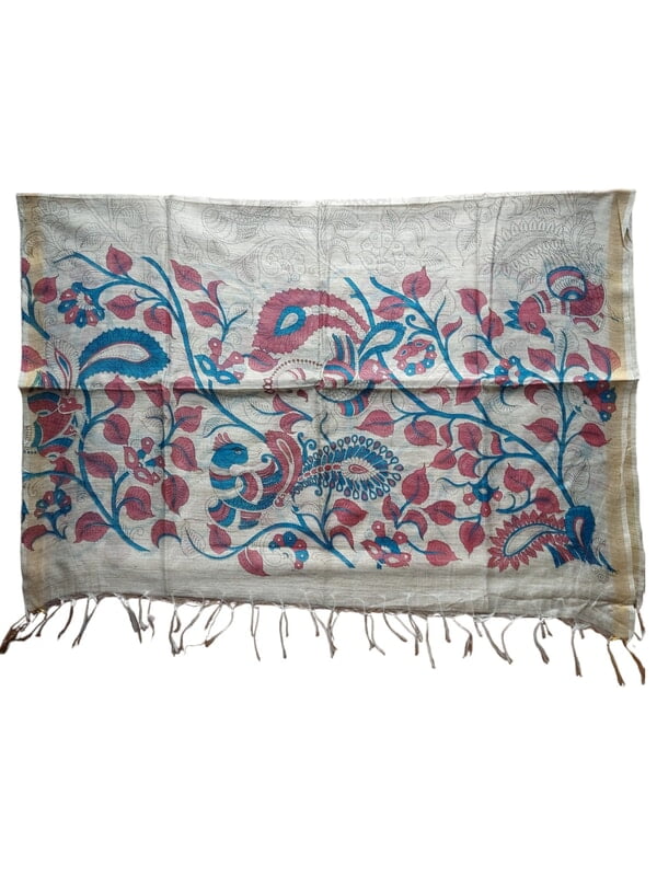Kalamkari Print Wine & Teal Cotton Silk Dupatta for Women