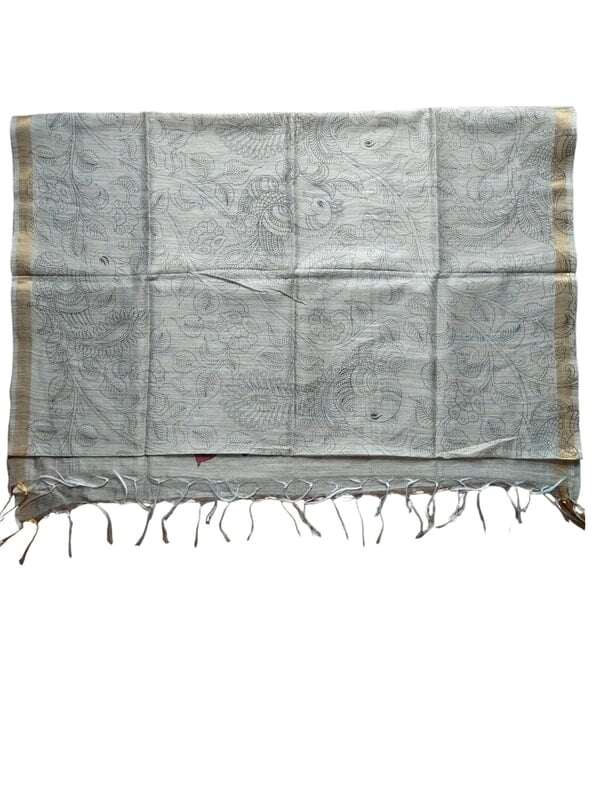 Kalamkari Print Wine & Teal Cotton Silk Dupatta for Women
