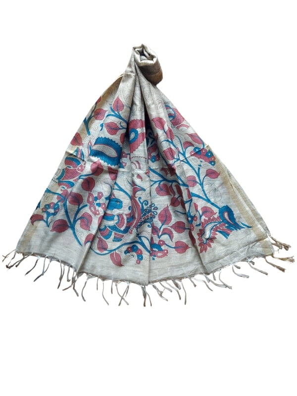 Kalamkari Print Wine & Teal Cotton Silk Dupatta for Women
