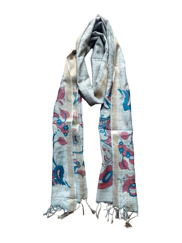 Kalamkari Print Wine & Teal Cotton Silk Dupatta for Women