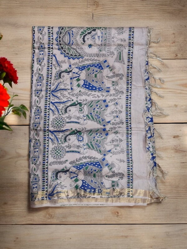 Indigo Kalamkari Print Saree with Unstitched Blouse