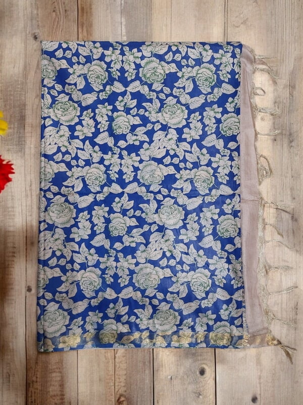 Indigo Kalamkari Print Saree with Unstitched Blouse