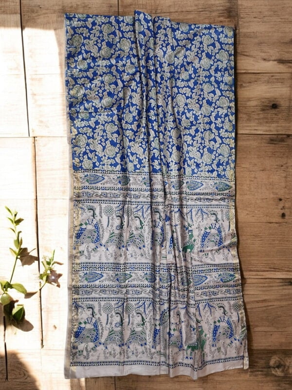 Indigo Kalamkari Print Saree with Unstitched Blouse