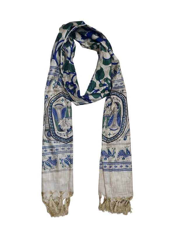 Blue & Green Kalamkari Print Cotton Silk Dupatta for Women