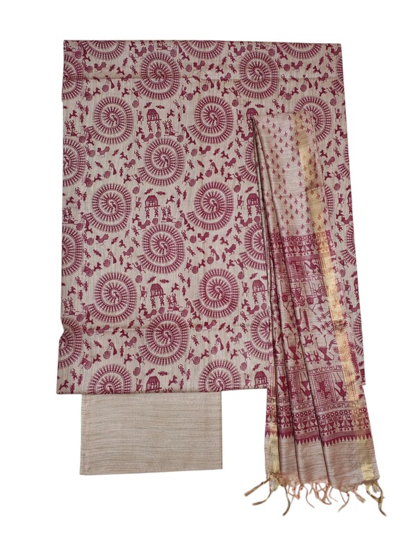 Maroon Kalamkari Unstitched Salwar Suit Dress Material with Dupatta