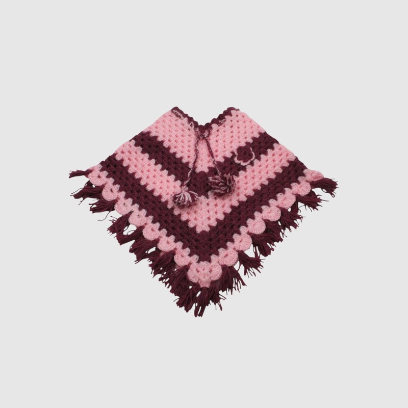 (1-2 Years) Handknitted Kids Woolen Poncho, Pink and Burgundy Striped