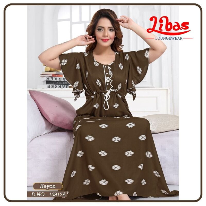 Deep Bronze Premium Rayon Nighty With Fashionable Sleeves & Knot Style From Libas Loungewear- AL702 Deep Bronze Premium Rayon Nighty With Fashionable Sleeves & Knot Style From Libas Loungewear- AL702