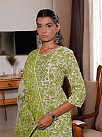 FLORAL PRINT COTTON SALWAR SUIT SET - LIGHT GREEN WITH PINK ACCENTS