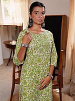 FLORAL PRINT COTTON SALWAR SUIT SET - LIGHT GREEN WITH PINK ACCENTS