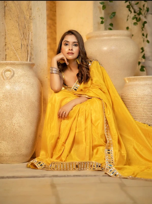 Buttery Yellow Designer Mirror Work Pure Tissue Silk Saree
