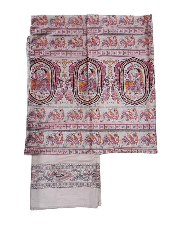 Orange & Pink Madhubani Print Unstitched Katan Silk Salwar Suit with Dupatta