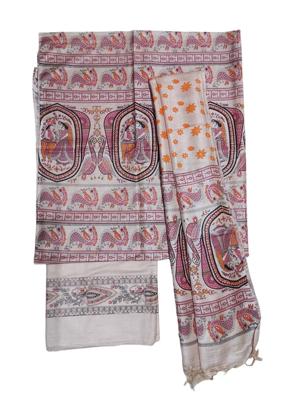 Orange & Pink Madhubani Print Unstitched Katan Silk Salwar Suit with Dupatta