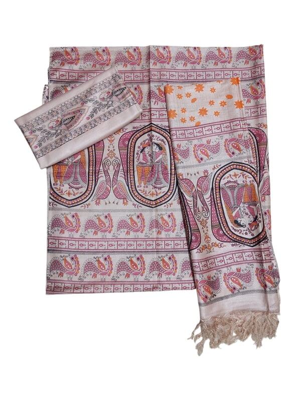 Orange & Pink Madhubani Print Unstitched Katan Silk Salwar Suit with Dupatta