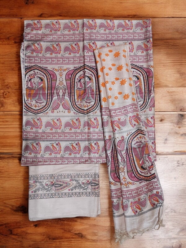 Orange & Pink Madhubani Print Unstitched Katan Silk Salwar Suit with Dupatta