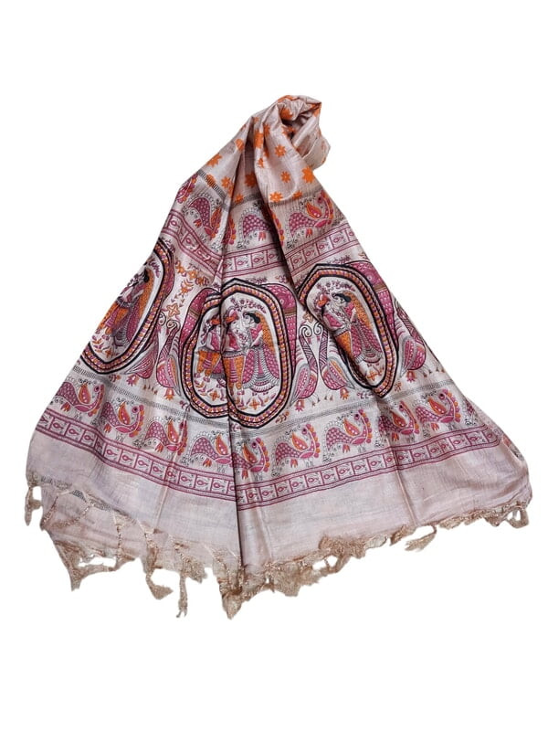 Orange & Pink Madhubani Print Unstitched Katan Silk Salwar Suit with Dupatta