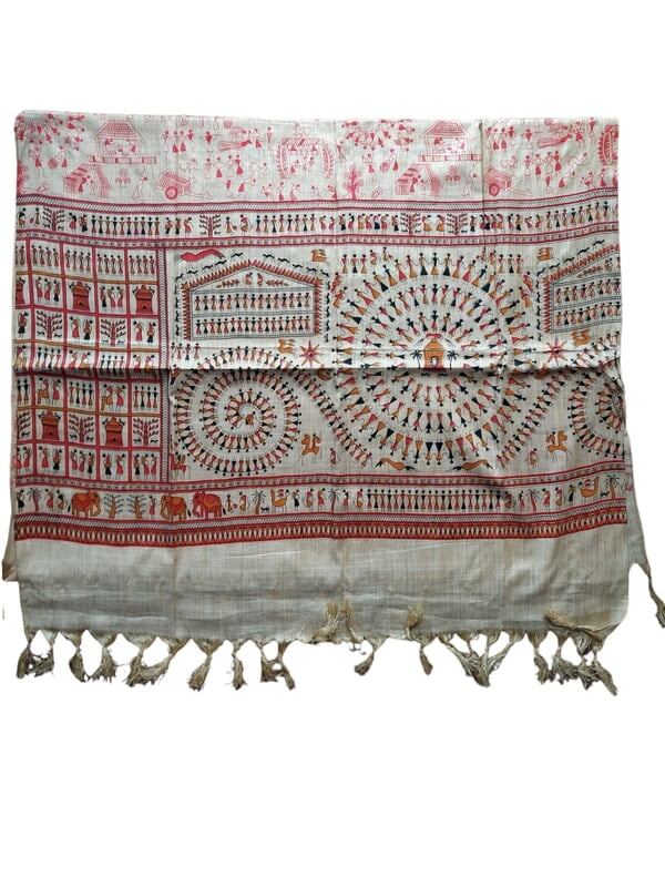 Red & Golden Madhubani Print Cotton Silk Dupatta for Women