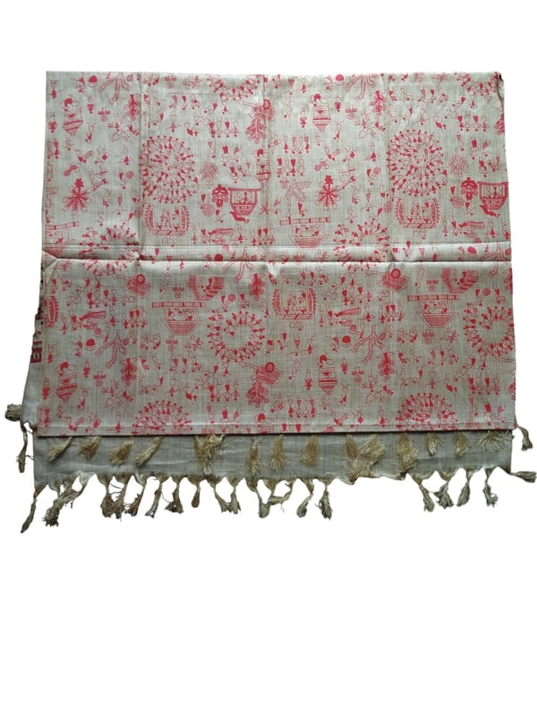 Red & Golden Madhubani Print Cotton Silk Dupatta for Women