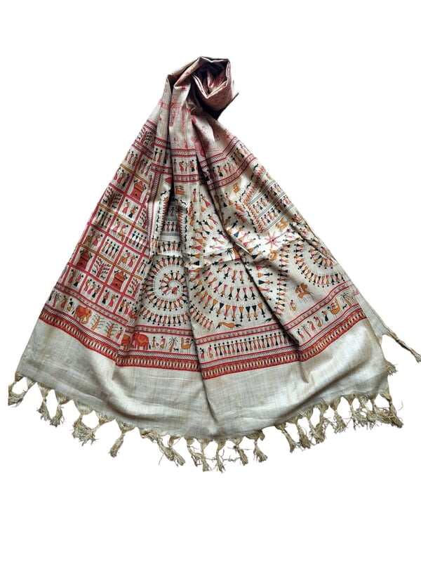Red & Golden Madhubani Print Cotton Silk Dupatta for Women