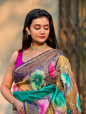 Multicolor handpainted katdana work pure tassar silk saree