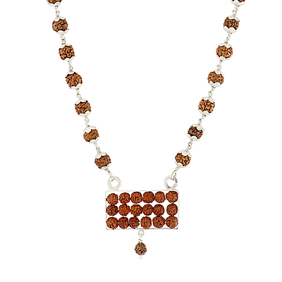 Silver Capped Rudraksha Mala with Rudraksha Pattai Pendant Silver Capped Rudraksha Mala with Rudraksha Pattai Pendant