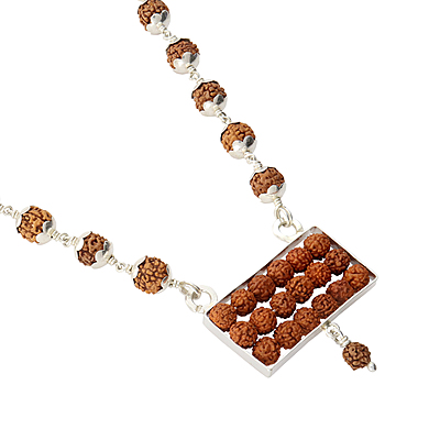 Silver Capped Rudraksha Mala with Rudraksha Pattai Pendant Silver Capped Rudraksha Mala with Rudraksha Pattai Pendant