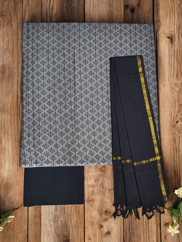 Grey & Black Handloom South Cotton Unstitched Salwar Suit Set with Dupatta for Women